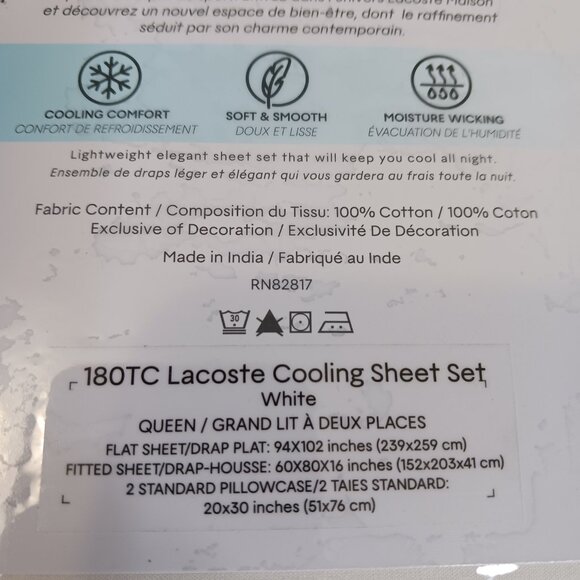 Lacoste Sheet Set White 4pcs Cooling Solid 100% Cotton size Queen - Picture 4 of 10